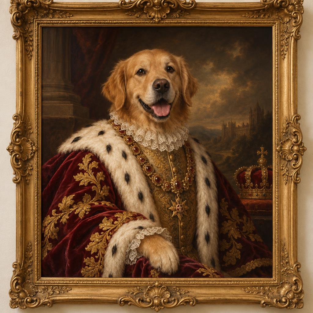 Nachher: derselbe Golden Retriever als Kaiser im Habsburg-Stil, gerahmt
