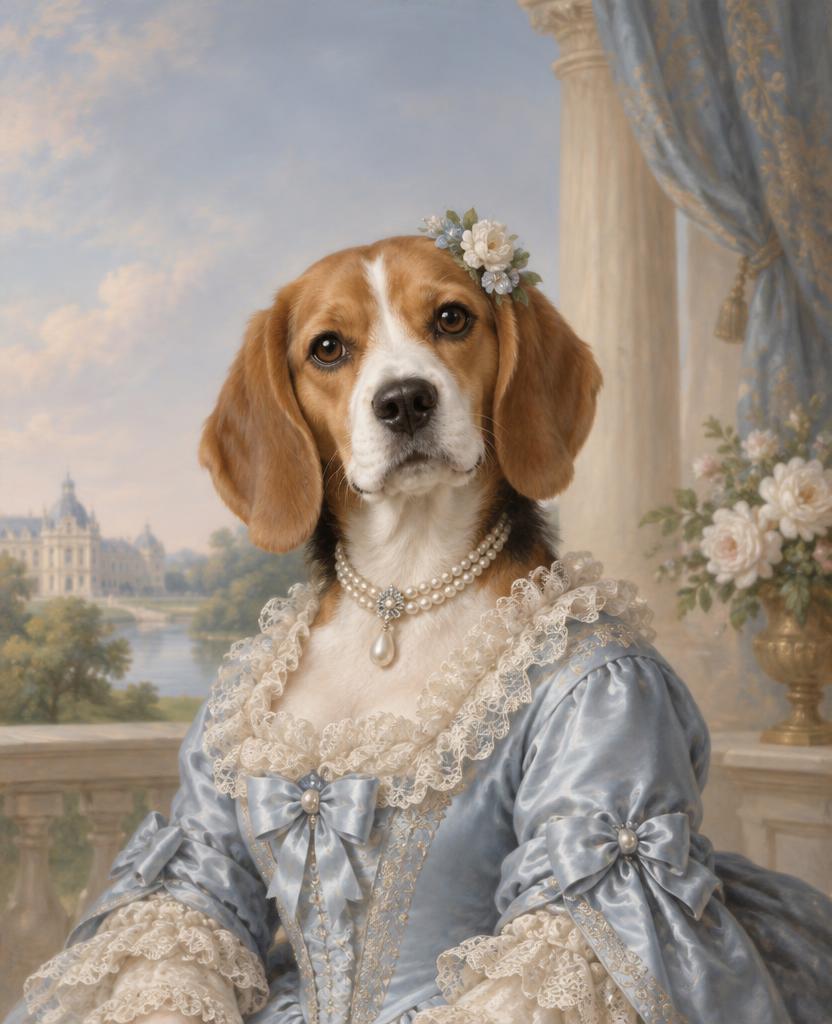 Beagle als Hofdame im hellblauen Seidenkleid mit Spitze, Perlenkette und Blüte am Ohr vor Schlosslandschaft