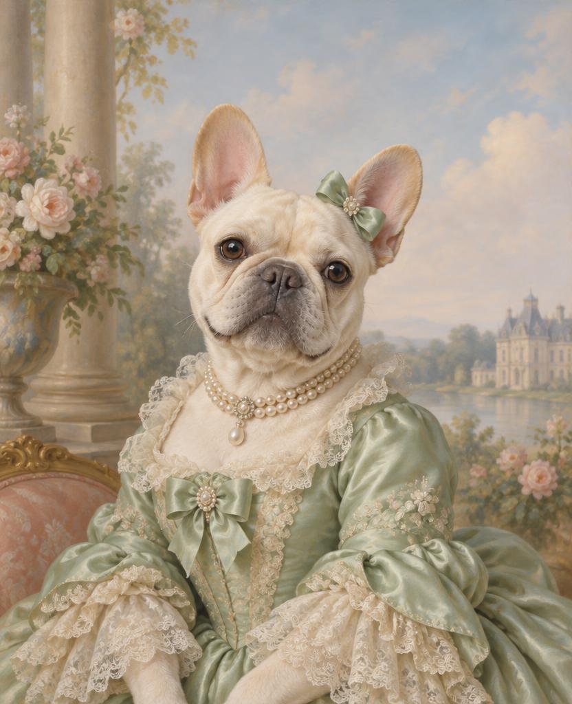 Cremefarbene Französische Bulldogge als Hofdame im mintgrünen Seidenkleid mit Schleife am Ohr und Perlenkette
