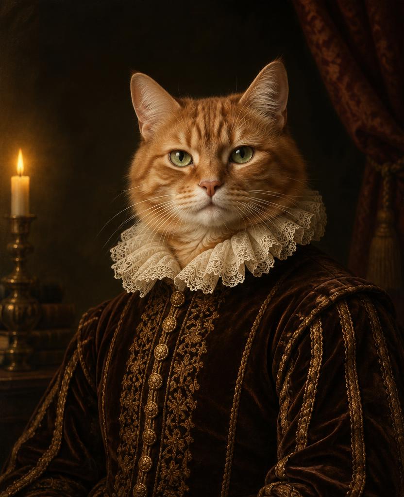 Rot getigerte Katze als barockes Porträt mit Spitzenkrause und braunem Samtwams vor dunklem Hintergrund mit Kerze