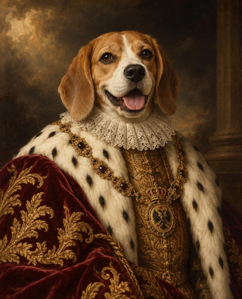Beagle im Habsburg-Porträt mit Burgundersamt, Hermelinkragen, Spitzenkrause und Ordenskette