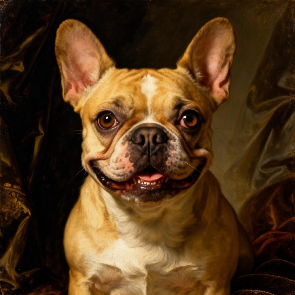 Französische Bulldogge als barockes Ölporträt vor dunklem Samtvorhang in warmem Licht