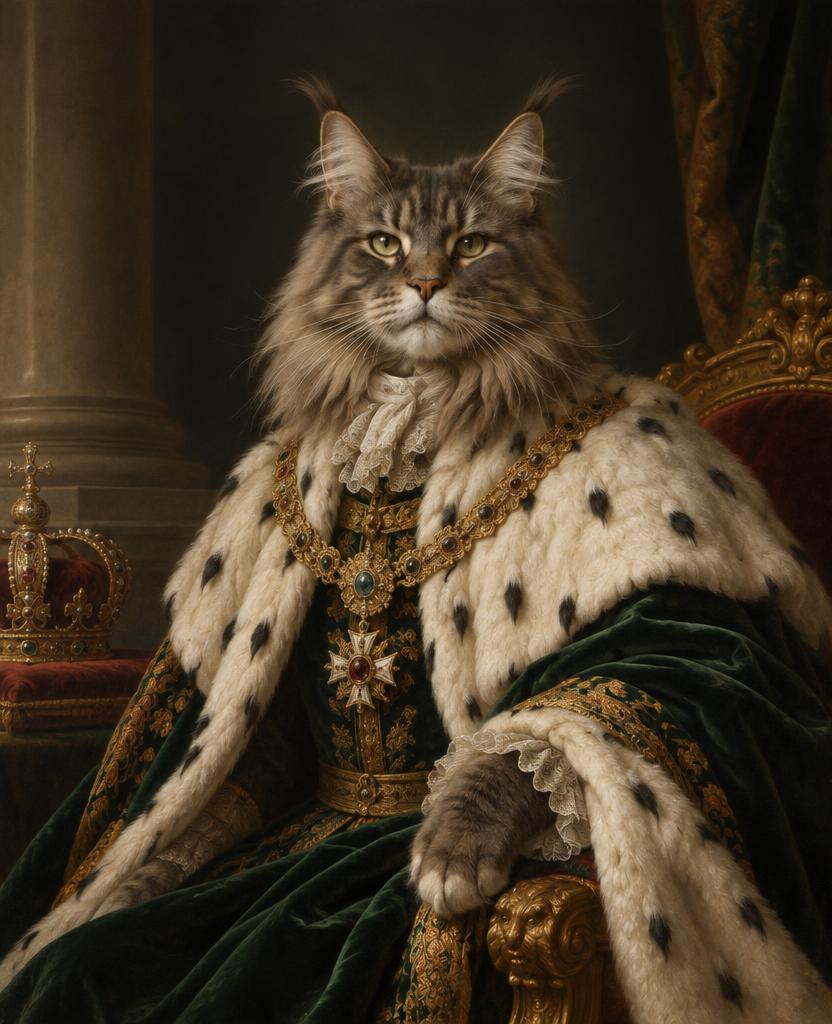 Graue Langhaarkatze im Maine-Coon-Typ als Habsburger Kaiserin mit Hermelinmantel über grünem Samt und Ordenskette