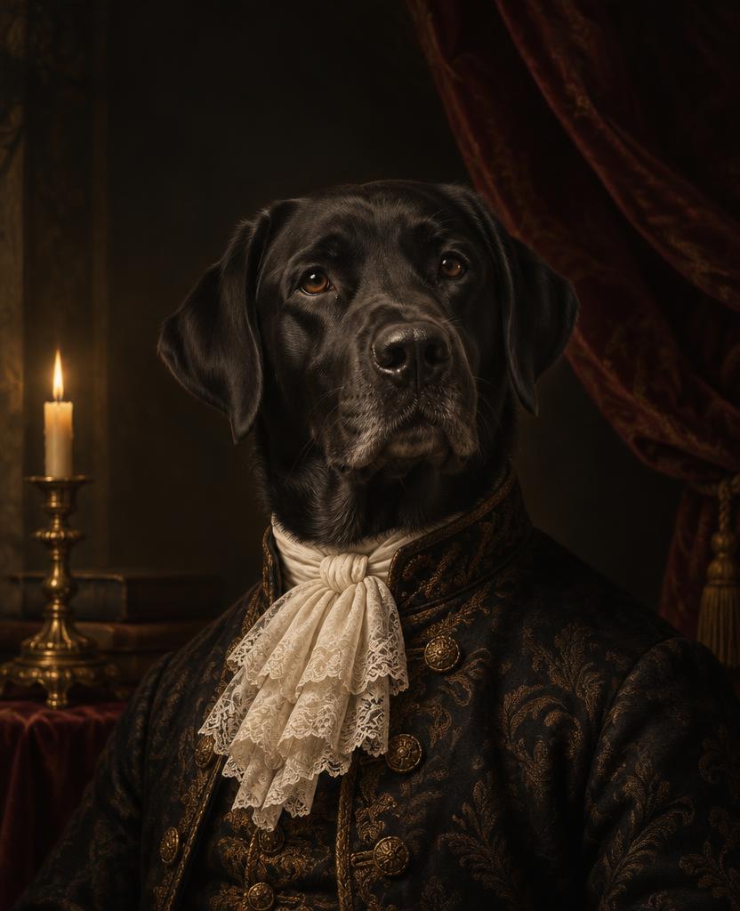 Schwarzer Labrador als barockes Porträt mit Brokatrock und Spitzenjabot, Kerze und Samtvorhang im Hintergrund