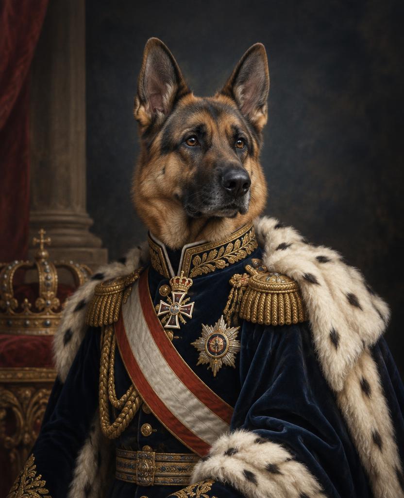 Deutscher Schäferhund im Habsburg-Porträt mit dunkelblauer Uniform, goldenen Epauletten, Schärpe und Hermelinmantel