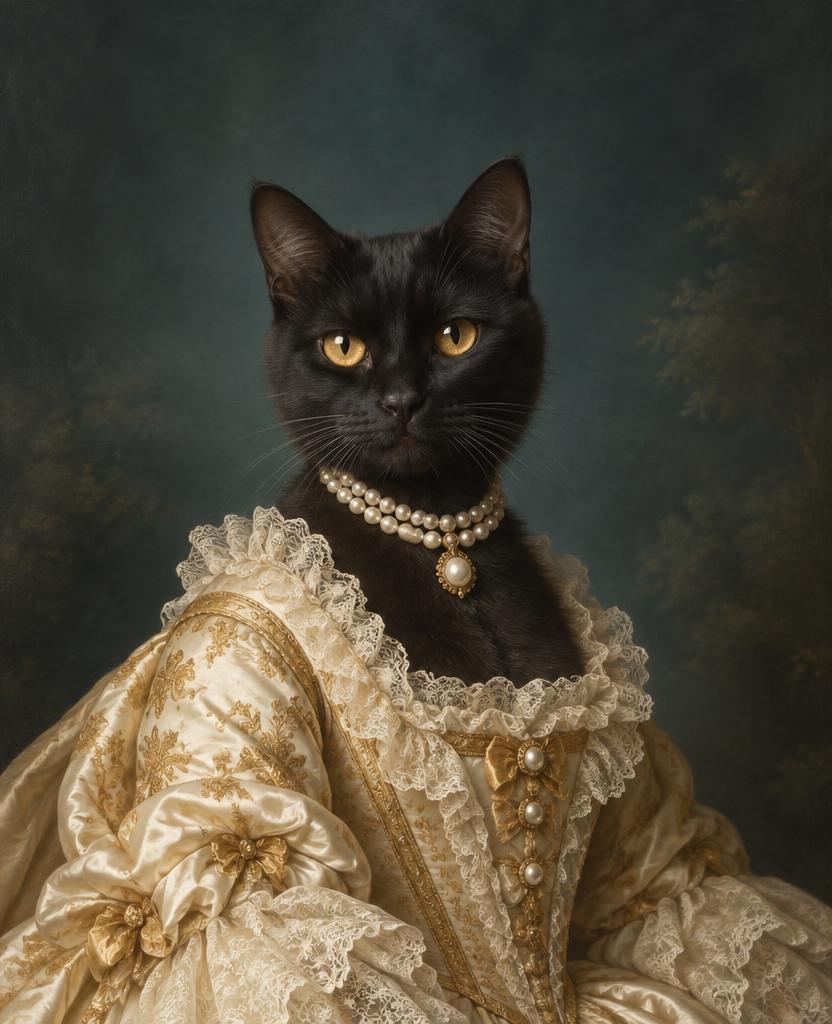 Schwarze Katze mit bernsteinfarbenen Augen als Hofdame im elfenbeinfarbenen Seidenkleid mit Goldstickerei und Perlen