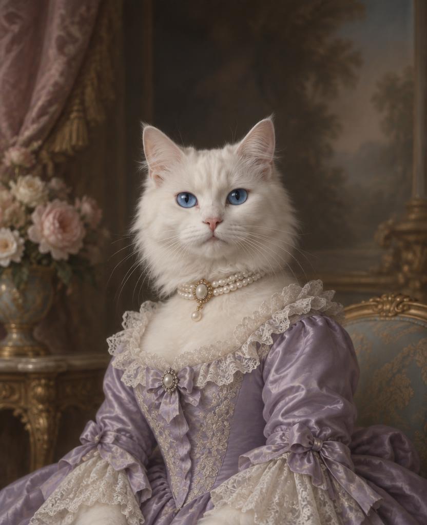 Weiße Katze mit blauen Augen als Hofdame im lavendelfarbenen Seidenkleid mit Spitzenkragen und Perlencollier